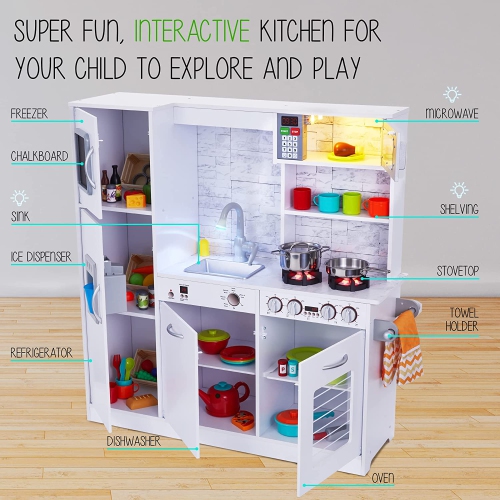 Lil' Jumbl Kitchen Set for Kids, Pretend Wooden Play Kitchen Set, Realistic Sound & More - White