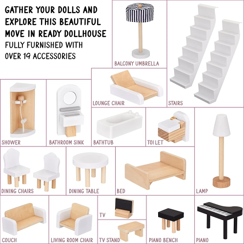 Lil Jumbl – Poupée en bois à 3 étages pour enfants avec 2 escaliers et 17 pièces