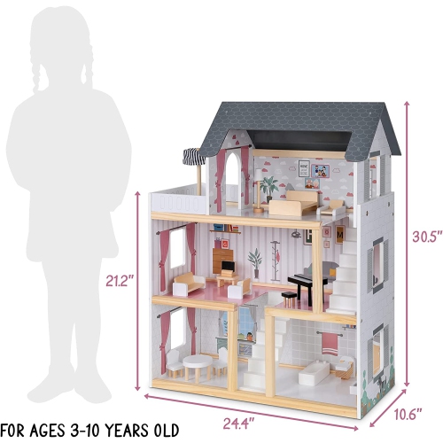 Lil Jumbl – Poupée en bois à 3 étages pour enfants avec 2 escaliers et 17 pièces