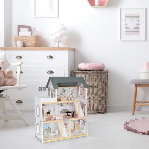 Lil Jumbl – Poupée en bois à 3 étages pour enfants avec 2 escaliers et 17 pièces