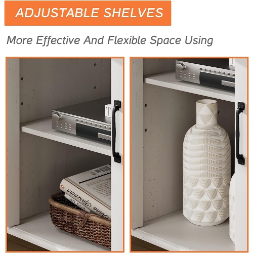 WAMPAT Farmhouse LED Light TV Stand for TVs Up to 75 inch,Glass and Wood Universal TV Stand with 4 Openable Storage Doors,White Entertainment Center