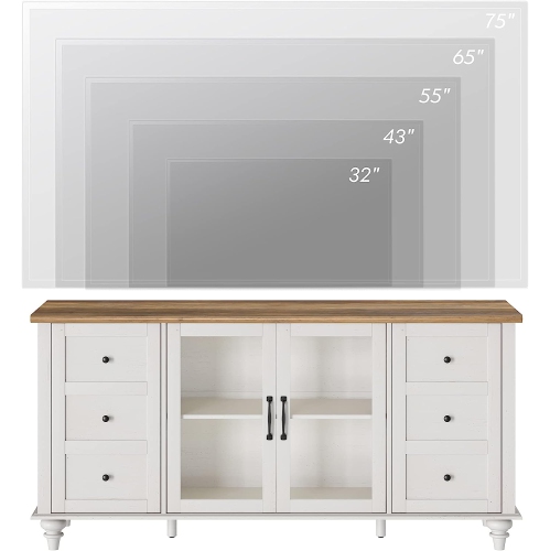 WAMPAT Farmhouse LED Light TV Stand for TVs Up to 75 inch,Glass and Wood Universal TV Stand with 4 Openable Storage Doors,White Entertainment Center