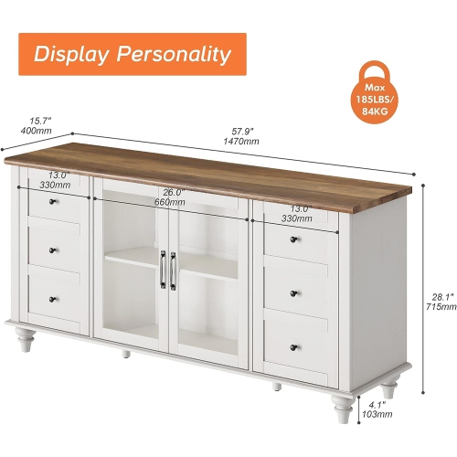 WAMPAT Farmhouse LED Light TV Stand for TVs Up to 75 inch,Glass and Wood Universal TV Stand with 4 Openable Storage Doors,White Entertainment Center