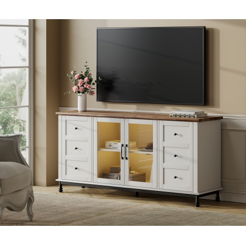 WAMPAT Farmhouse LED Light TV Stand for TVs Up to 75 inch,Glass and Wood Universal TV Stand with 4 Openable Storage Doors,White Entertainment Center