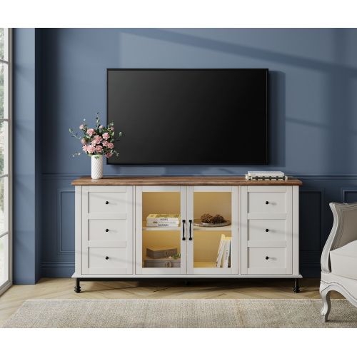 WAMPAT Farmhouse LED Light TV Stand for TVs Up to 75 inch,Glass and Wood Universal TV Stand with 4 Openable Storage Doors,White Entertainment Center