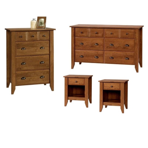 4 Piece Bedroom Set with Dresser Chest and 2 Nightstands in Oiled Oak