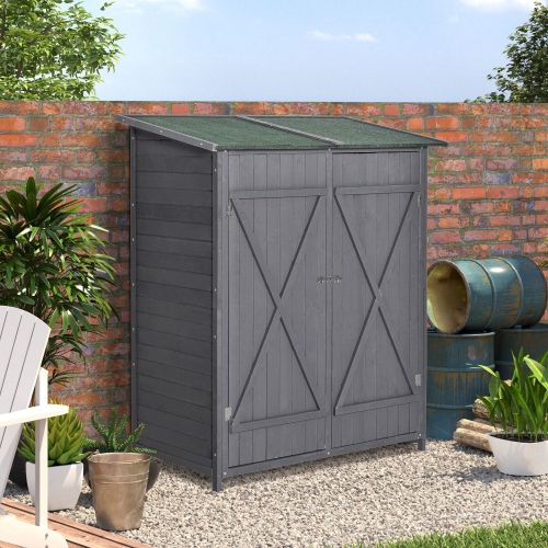 Outsunny 54.75''x29.5''x63'' Garden Storage Shed Asphalt Roof Wooden Timber Double Door Utility Storage House w/ Movable Shelf & Fixed Fittings,