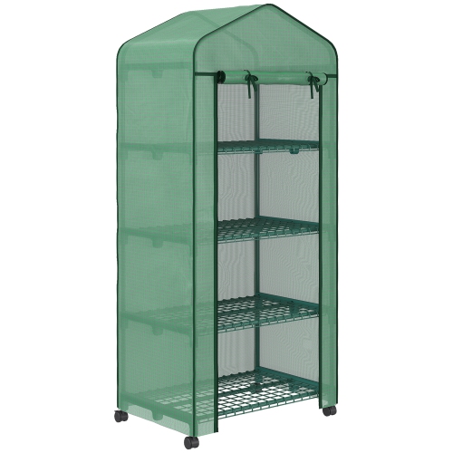 Outsunny 27" x 20" x 65" Portable Greenhouse with 4 Tier Shelves and Wheels, Outdoor Hot House Plant Flower Greenhouse, Steel Frame, PE Cover, Green
