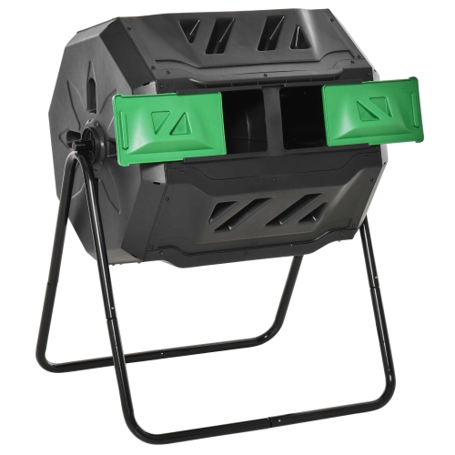 OUTSUNNY  43 Gallon (160L) Tumbling Compost Bin Outdoor Dual Chamber 360° Rotating Composter With Sliding Doors, Solid Steel Frame And Gloves In Green