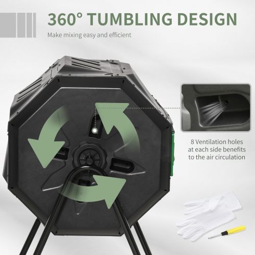 Outsunny 43 Gallon Tumbling Compost Bin Outdoor Dual Chamber 360° Rotating Composter with Sliding Doors, Solid Steel Frame and Gloves, Green
