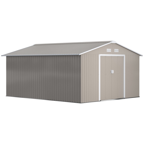 Outsunny 11' x 13' Garden Storage Shed with Foundation Kit, Metal Tool Storage House with Double Doors for Outdoor Patio Yard, Light Grey