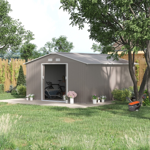 Outsunny 11' x 13' Garden Storage Shed with Foundation Kit, Metal Tool Storage House with Double Doors for Outdoor Patio Yard, Light Grey