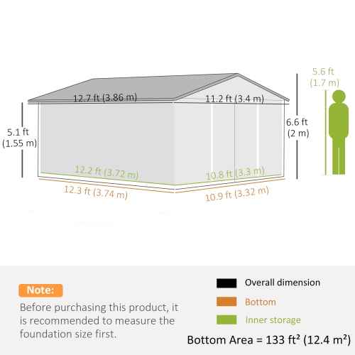 Outsunny 11' x 13' Garden Storage Shed with Foundation Kit, Metal Tool Storage House with Double Doors for Outdoor Patio Yard, Light Grey