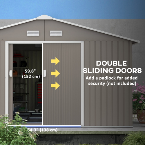 Outsunny 11' x 13' Garden Storage Shed with Foundation Kit, Metal Tool Storage House with Double Doors for Outdoor Patio Yard, Light Grey