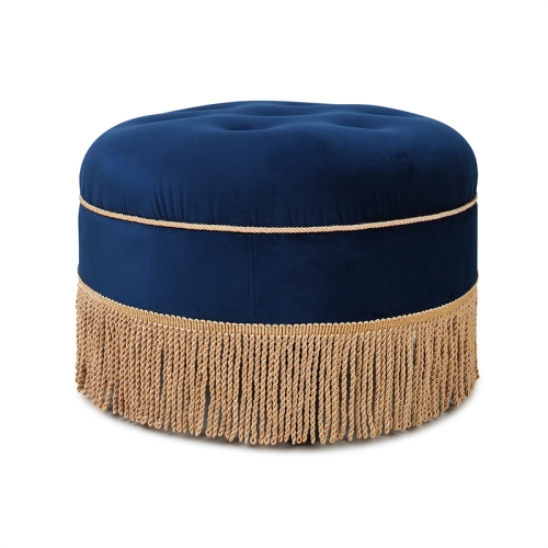 JENNIFER TAYLOR HOME Yolanda Upholstered Round Accent Ottoman Navy Blue Velvet With Gold Trim