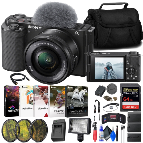 Sony ZV-E10 Mirrorless Camera w/ 16-50mm Lens + 64GB Card + LED