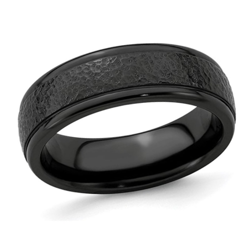 Mens or Ladies Black Titanium 7mm Hammered Band Ring