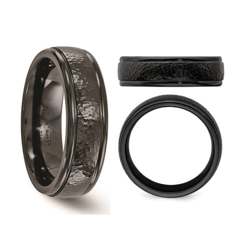 Mens or Ladies Black Titanium 7mm Hammered Band Ring