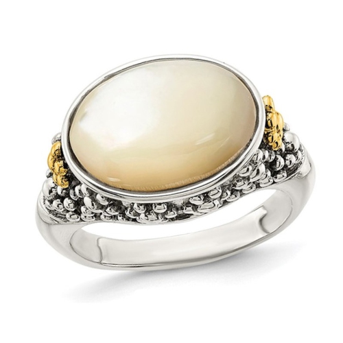 GEM AND HARMONY  Mother Of Pearl Ring In Sterling Silver With 14K Gold Accents In White