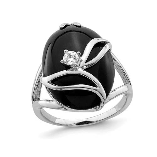 Anneau d'onyx noir en argent sterling avec de la zircone cubique synth??tique