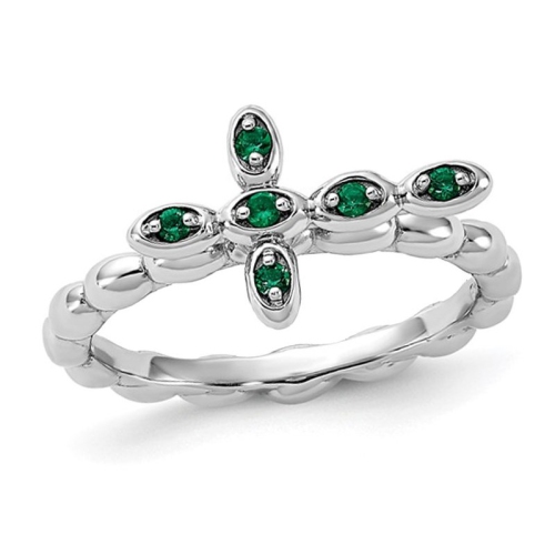 GEM AND HARMONY  1/10 Carat (Ctw) Lab-Created Emerald Cross Ring In Sterling In Silver