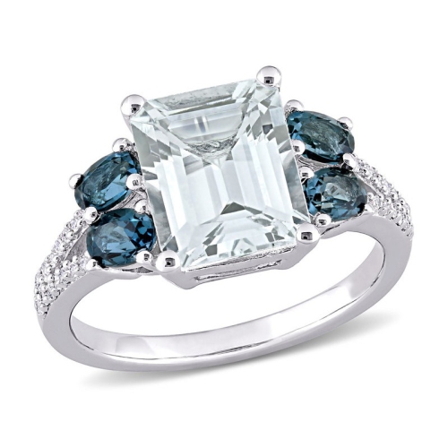 GEM AND HARMONY  4.00 Carat (Ctw) Aquamarine And London Topaz Ring In Sterling Silver With Diamonds In Blue