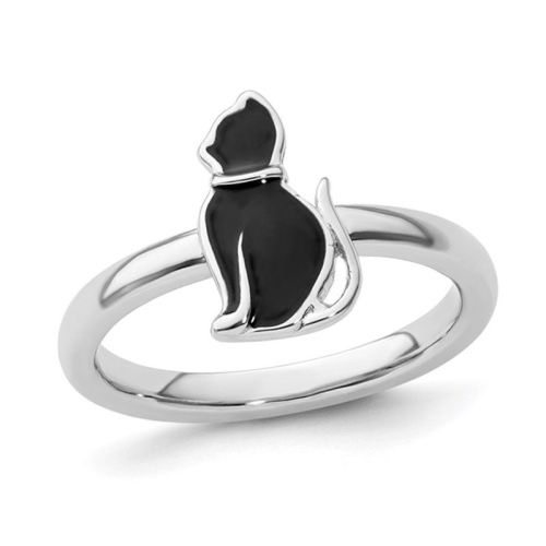 GEM AND HARMONY  Sterling Silver Enameled Cat Ring In Black