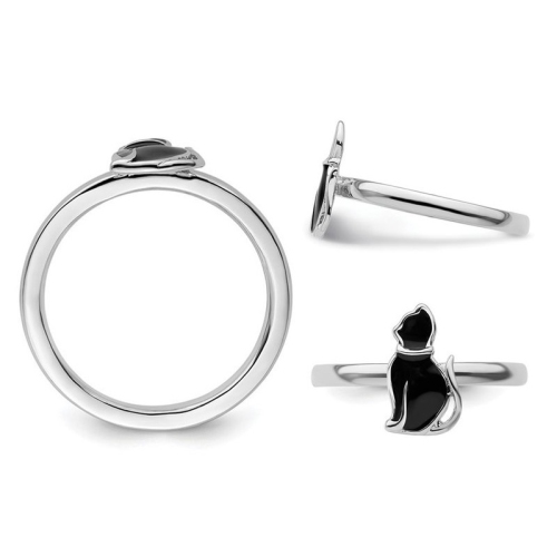 Sterling Silver Black Enameled Cat Ring