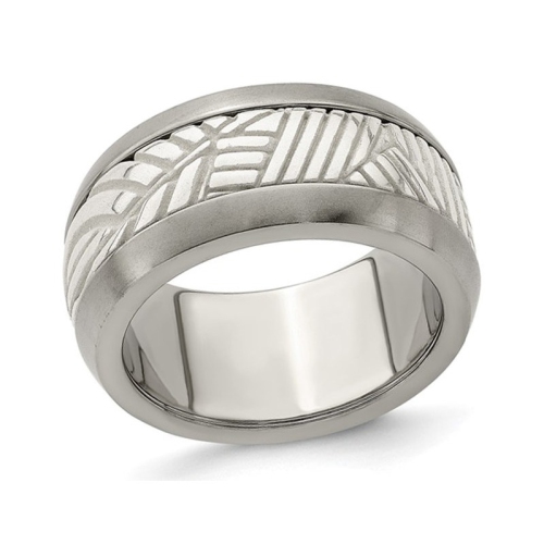 GEM AND HARMONY  Mens Titanium And Sterling 11MM Pattern Leaf Inlay Band Ring In Silver