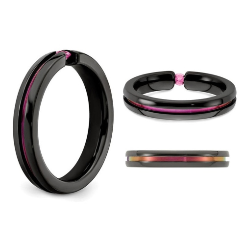 Ladies or Mens 1/10 Carat Pink Sapphire Band Ring in Black Titanium