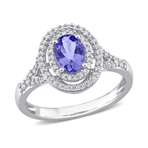 3/4 Carat Tanzanite Double Halo Ring in 10K White Gold with Diamonds