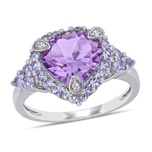 2,45 carats Anneau de cœur d'améthyste en or blanc 10k avec tanzanites