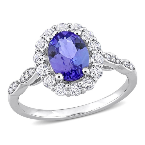 Bague halo en or blanc 14 ct avec tanzanite et topaze blanche de 1.85 ct