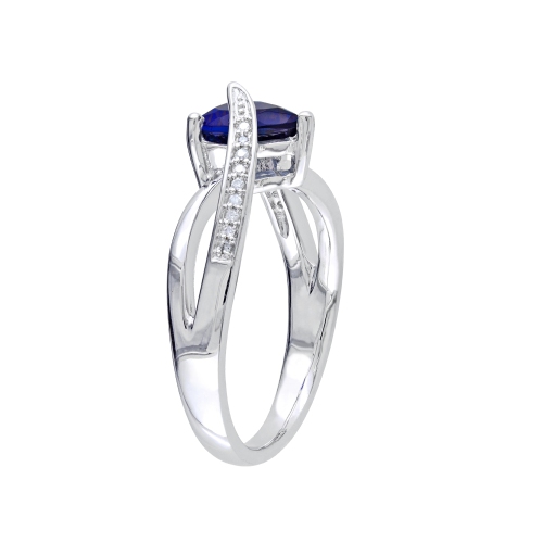 Created Blue Sapphire and Diamond Heart Ring 1.90 Carat in Sterling Silver
