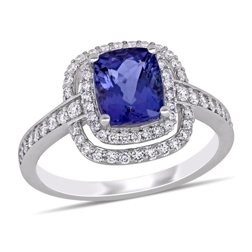 2.12 Carat Tanzanite Double Halo Ring in 14K White Gold with Diamonds