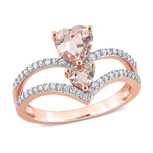 Bague en or rose 10K ct à deux coeurs avec morganite 7/8&nbsp;carat et diamants