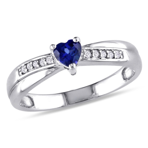 GEM AND HARMONY  1/4 Carat (Ctw) Lab-Created Sapphire Heart Ring In Sterling Silver With Accent Diamonds In Blue
