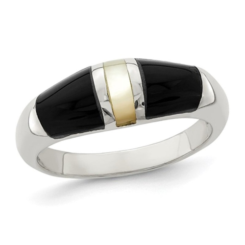 White Mother of Pearl and Onyx Ring in Sterling Silver