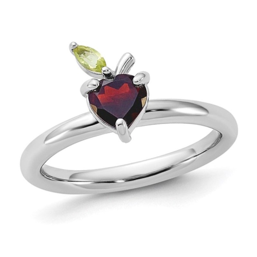 1.00 Carat Natural Garnet Heart Ring in Sterling Silver with Peridot