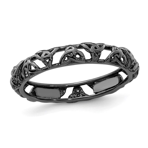 GEM AND HARMONY  Sterling Silver Plated Celtic Knot Band Ring In Black