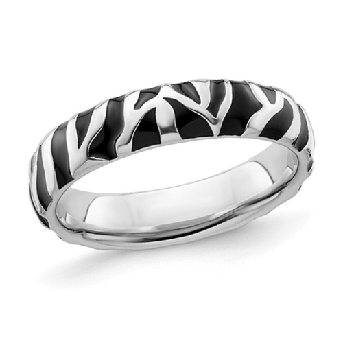 GEM AND HARMONY  Sterling Silver Polished Enameled Animal Print Band Ring In Black