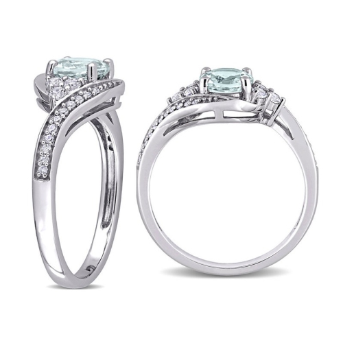7/8 Carat Aquamarine and White Topaz Swirl Ring in 10K White Gold with Diamonds