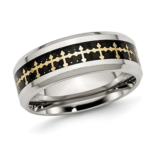 Mens Stainless Steel Carbon Fiber Inlay Cross Band Ring