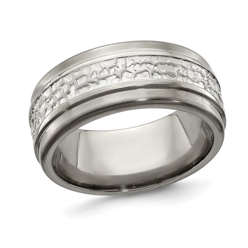 GEM AND HARMONY  Mens Titanium And Sterling 9MM Pattern Brushed Band Ring In Silver
