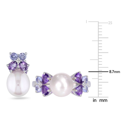 Cultured Freshwater Pearl , Tanzanite And Amethyst Earrings and Ring Set in Sterling Silver