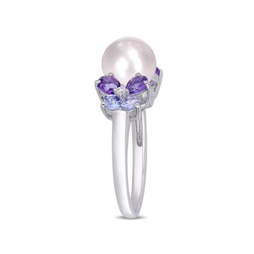 Cultured Freshwater Pearl , Tanzanite And Amethyst Earrings and Ring Set in Sterling Silver