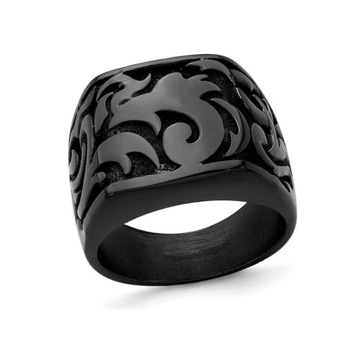 GEM AND HARMONY  Mens Titanium Pattern Signet Ring In Black