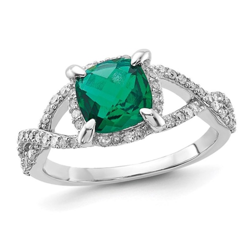 GEM AND HARMONY  1.30 Carat (Ctw) Lab-Created Emerald Ring In Sterling With Diamonds - Size 7.0 In Silver
