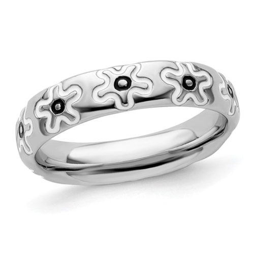 GEM AND HARMONY  Sterling Silver Flower Ring Band With Enamel In Black