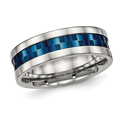 GEM AND HARMONY  Mens Or Ladies Ip Plated Stainless Steel Checkered Band Ring (7Mm) In Blue
